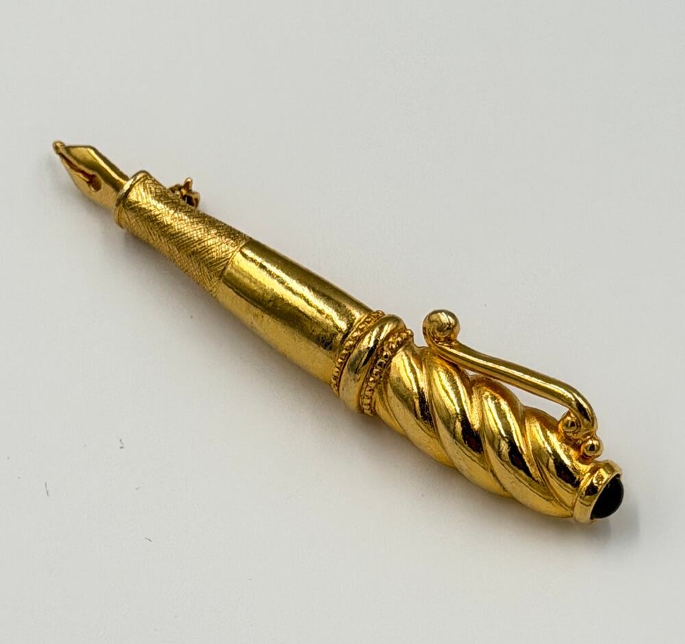 Vintage Fountain Pen Brooch Gold Toned Black Beaded Capped Brooch